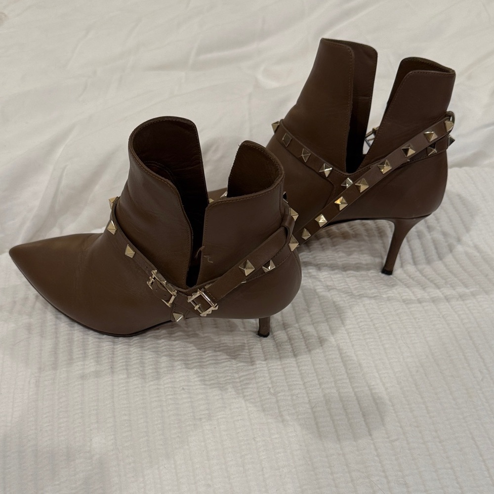 Valentino Tan Heeled Boots with Gold Studs